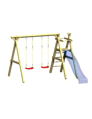 Houten dubbele schommel met platform voor glijbaan