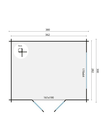 Abri de jardin en bois avec double porte vitrée et fenêtres 380 x 300 cm - 28 mm - ±10 m2
