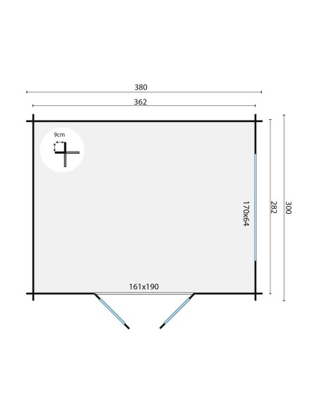 Abri de jardin en bois avec double porte vitrée et fenêtres 380 x 300 cm - 28 mm - ±10 m2