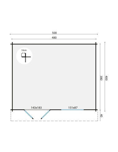 Abri de jardin avec double porte vitrée et fenêtre 500 x 400 cm - 34 mm - ±18 m2