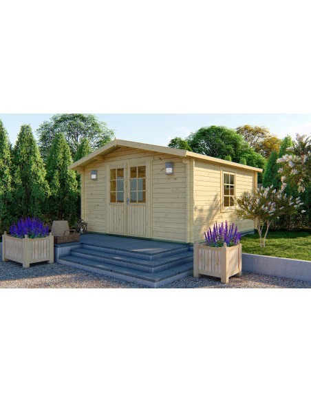 Abri de jardin en bois avec double porte vitrée et fenêtre 400 x 400 cm - 40 mm - ±14 m2