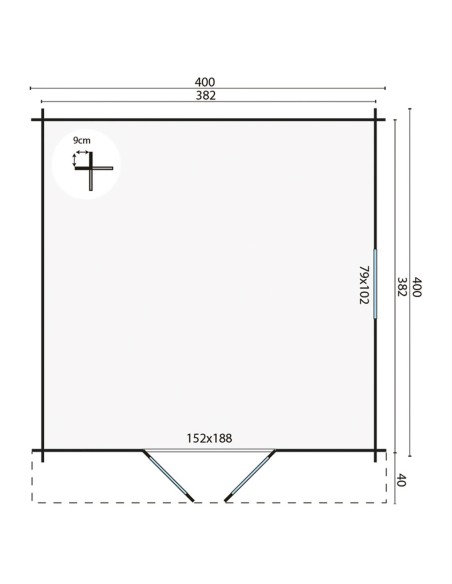 Abri de jardin en bois avec double porte vitrée et fenêtre 400 x 400 cm - 40 mm - ±14 m2