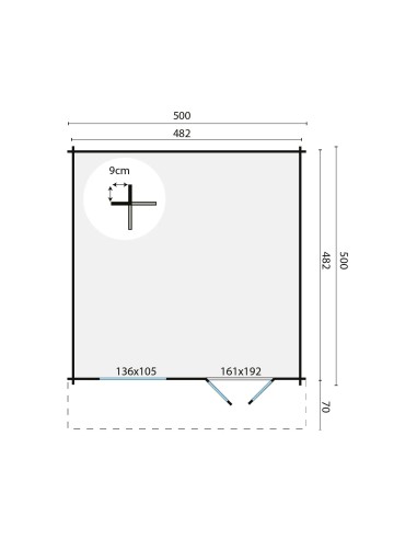 Tuinhuis 5x5 m met dubbele glazen deur en raam 500 x 500 cm - 44 mm - ±22 m2