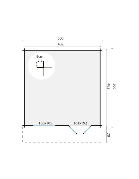 Tuinhuis 5x5 m met dubbele glazen deur en raam 500 x 500 cm - 44 mm - ±22 m2