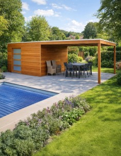 Poolhouse en bois exotique avec porte coulissante 2