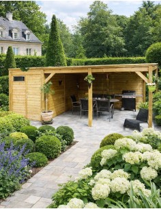 Abri de jardin avec tonnelle intégrée