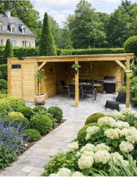 Abri de jardin avec tonnelle intégrée