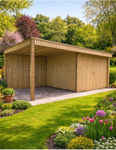 Abri de jardin moderne avec terrasse couverte à lattes verticales