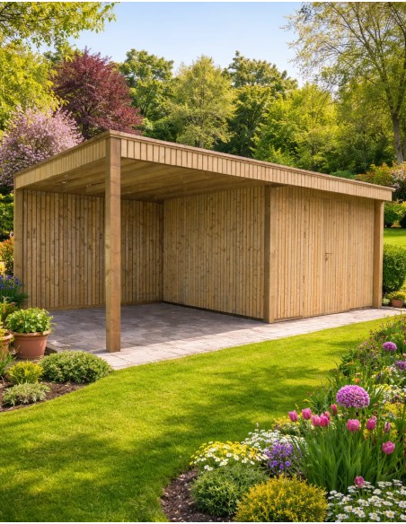 Abri de jardin moderne avec terrasse couverte à lattes verticales
