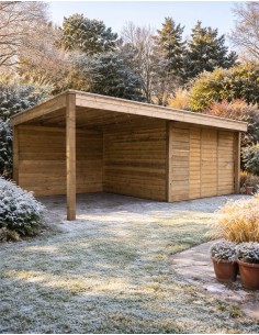 Abri de jardin moderne avec terrasse couverte à lattes horizontales