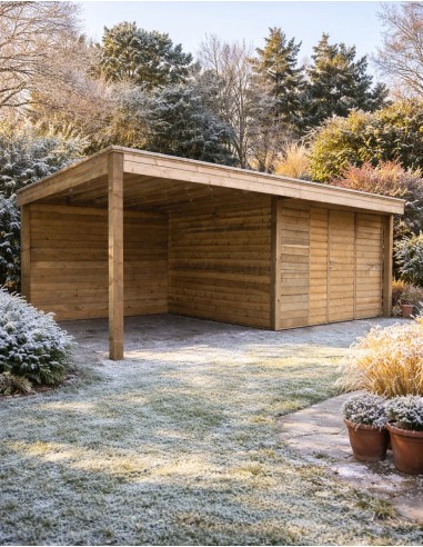 Modern tuinhuis met overdekt terras en horizontale latten