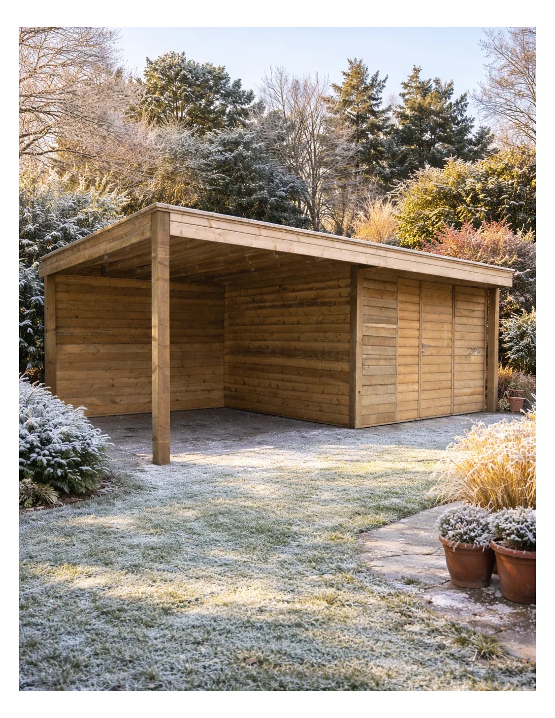 Abri De Jardin Moderne Avec Terrasse Couverte Lattes Horizontales
