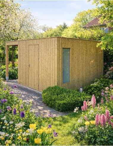 Tuinhuisje met verticale lamellen 420 x 318 cm