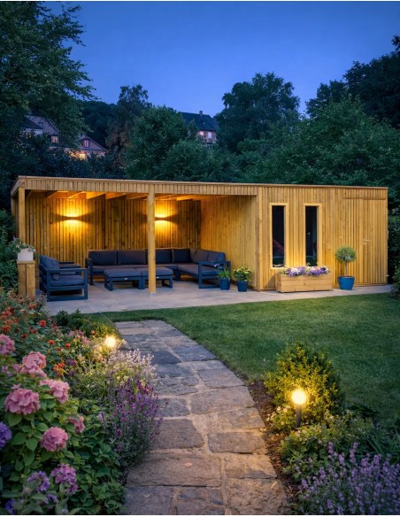 Grand abri de jardin avec salon extérieur 930 x 318 cm