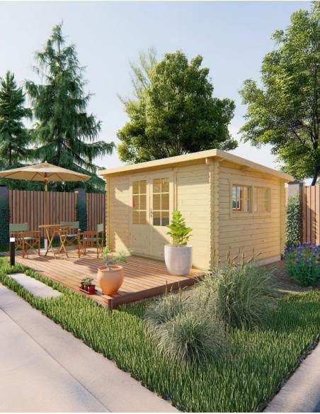 Abri de jardin en bois avec double porte vitrée et fenêtres 380 x 300 cm - 28 mm - ±10 m2