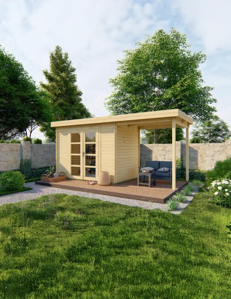 Tuinhuisje met plat dak en luifel rechts 490 x 200 cm - 28 mm - ±10 m2