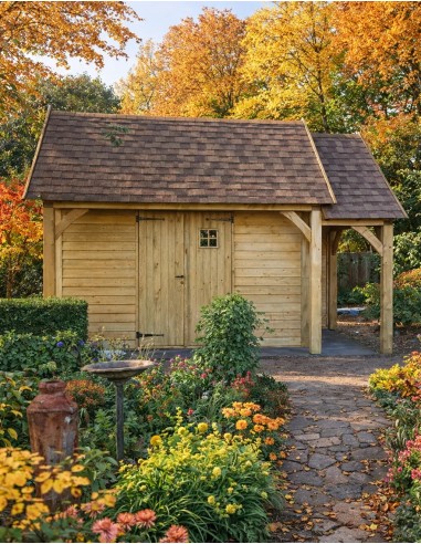 Abris de jardin Cottage avec auvent et abri bûches
