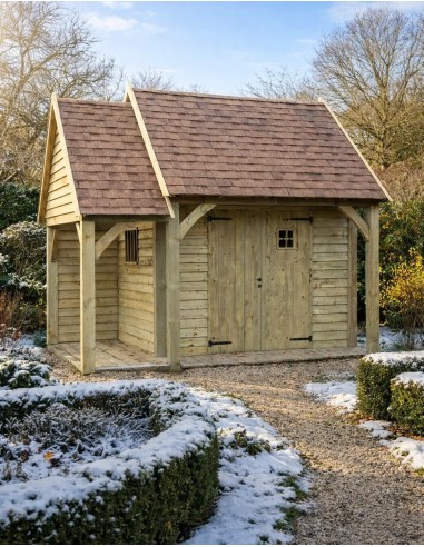 Cottage tuinschuur met verlengde luifel en fietsenberging