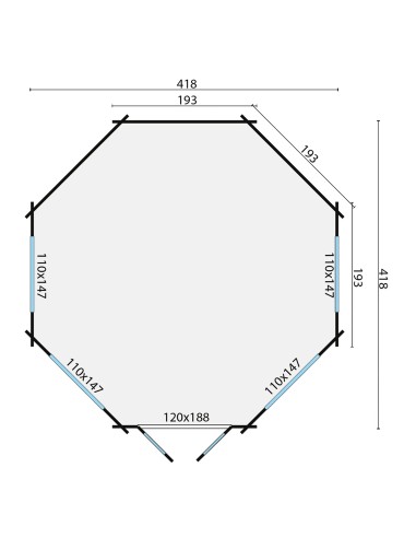 Maison de jardin octogonale 418 x 418 cm - 44 mm - ±13 m2