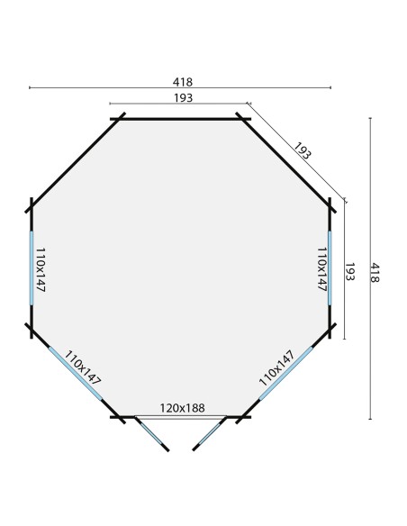 Achthoekig tuinhuis 418 x 418 cm - 44 mm - ±13 m2