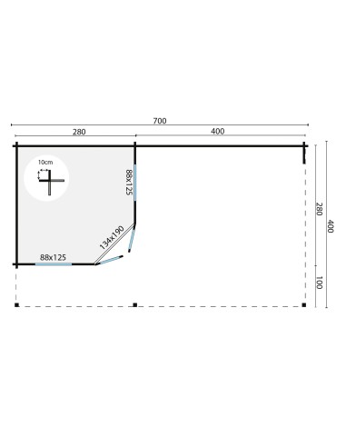 Abri de jardin avec grand espace couvert 700 x 400 cm - 40 mm - ±24 m2