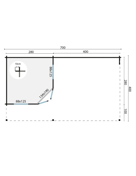 Abri de jardin avec grand espace couvert 700 x 400 cm - 40 mm - ±24 m2