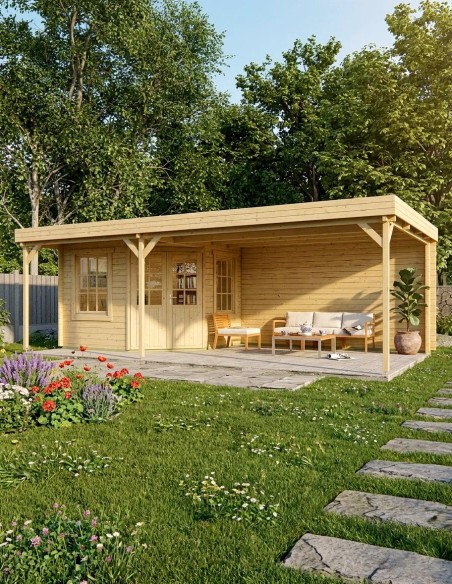 Tuinhuisje met grote overkapping 700 x 400 cm - 40 mm - ±24 m2