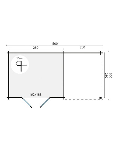 Abri de jardin toit plat avec auvent 500 x 300 cm - 28 mm - ±13 m2
