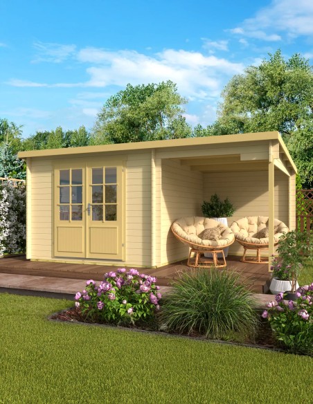 Platdak tuinhuisje met zijluifel 500 x 300 cm - 28 mm - ±13 m2