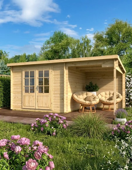 Platdak tuinhuisje met zijluifel 500 x 300 cm - 28 mm - ±13 m2