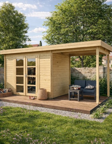 Abri de jardin toit plat avec auvent à droite 490 x 200 cm - 28 mm - ±10 m2