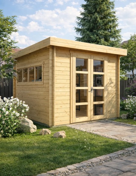 Klein houten chalet met plat dak 298 x 298 cm - 28 mm - ±8 m2