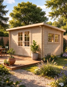 Abri de jardin en bois avec double porte vitrée et fenêtres 380 x 300 cm - 28 mm - ±10 m2