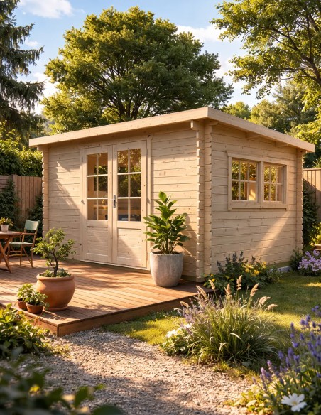 Abri de jardin en bois avec double porte vitrée et fenêtres 380 x 300 cm - 28 mm - ±10 m2