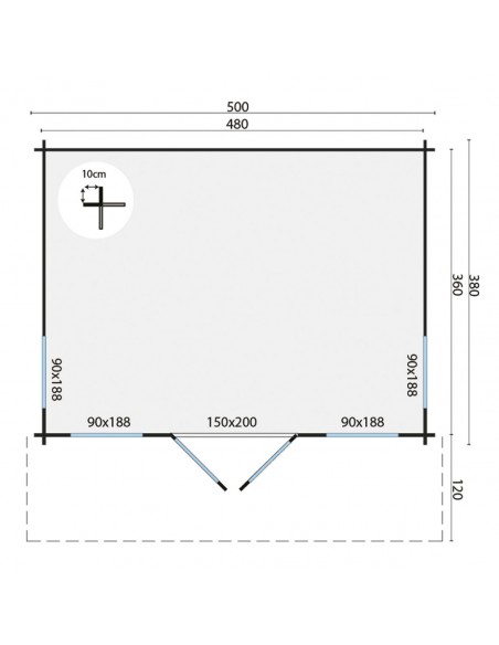Maisonnette de jardin 500 x 380 cm - 44 mm - ±17 m2