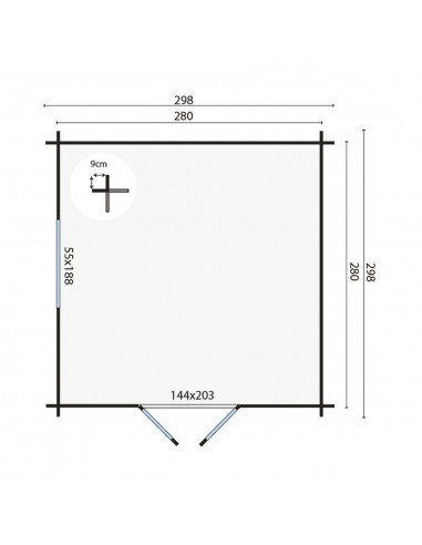 Klein houten chalet met plat dak 298 x 298 cm - 28 mm - ±8 m2