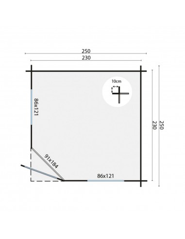 Abri de jardin en coin 250 x 250 cm - 28 mm - ±5 m2