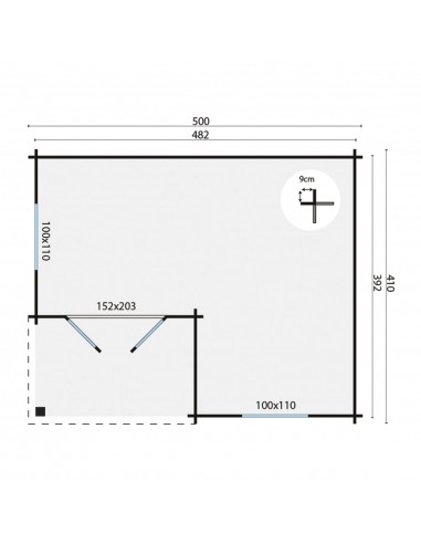 Abri de jardin avec auvent 500 x 410 cm - 34 mm - ±17 m2