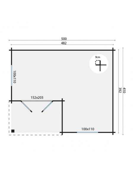 Abri de jardin avec auvent 500 x 410 cm - 34 mm - ±17 m2