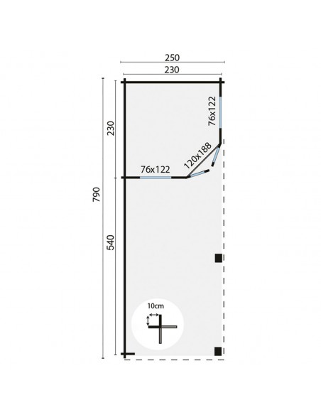 Abri de jardin en bois 790 x 250 cm - 44 mm - ±18 m2
