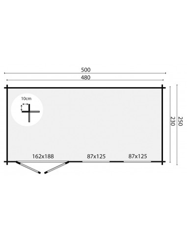 Abri de jardin avec double porte et double fenêtre vitrée 500 x 250 cm - 40 mm - ±11 m2
