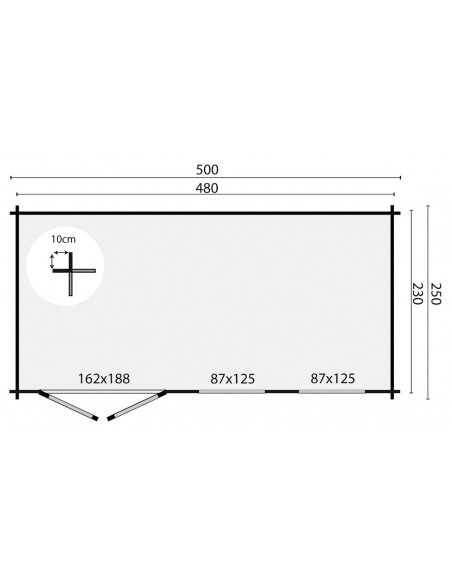 Abri de jardin avec double porte et double fenêtre vitrée 500 x 250 cm - 40 mm - ±11 m2