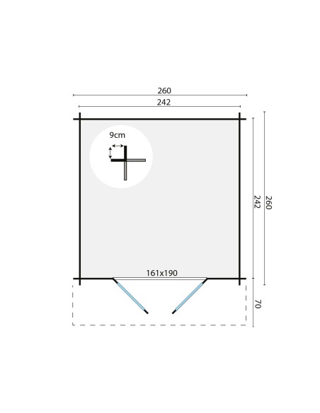 Abri de jardin carré 260 x 260 cm - 28 mm - ±6 m2