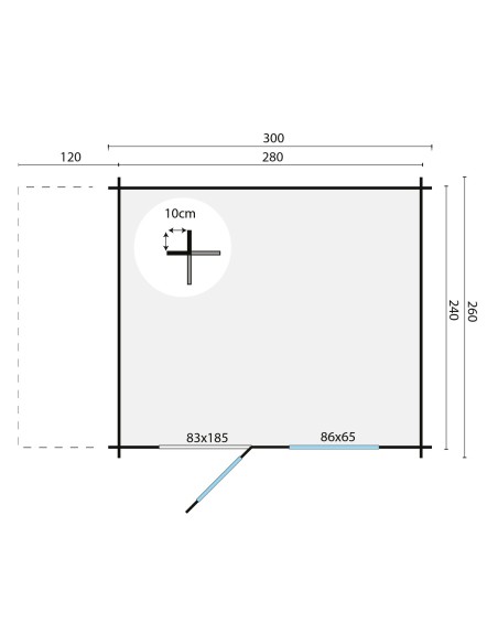 Abri de jardin avec petit auvent sur le côté 300 x 260 cm - 28 mm - ±6 m2