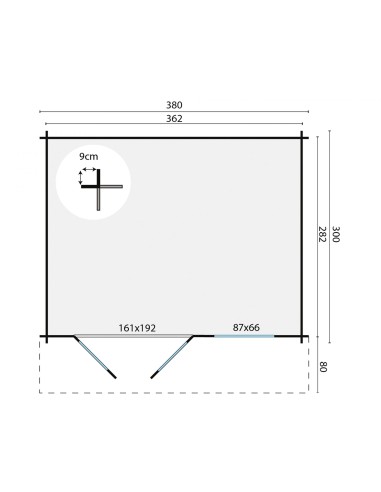 Lichte tuinschuur 380 x 300 cm - 28 mm - ±10 m2