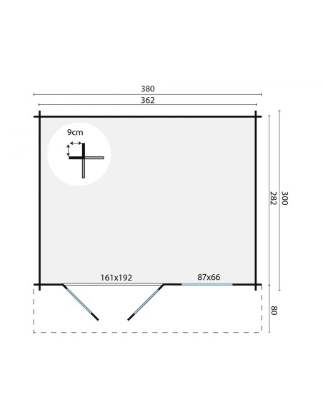 Lichte tuinschuur 380 x 300 cm - 28 mm - ±10 m2