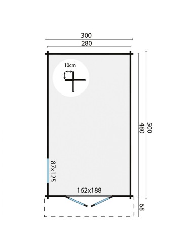 Tuinhuisje met dubbele glazen deur en zijraam 300 x 500 cm - 40 mm - ±13 m2