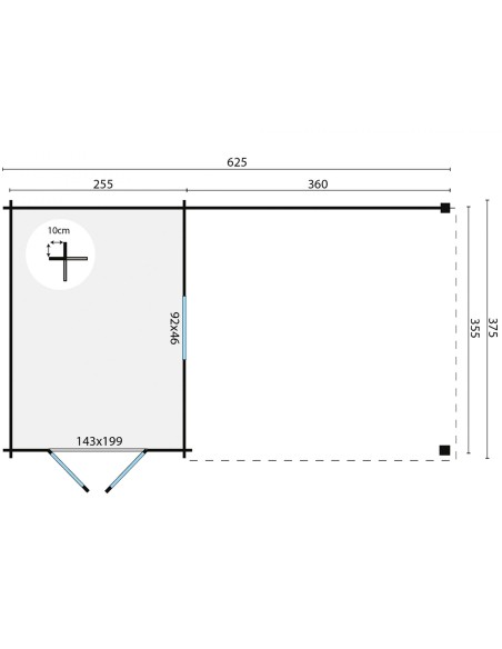 Platdak tuinhuisje met terrasgedeelte 625 x 375 cm - 28 mm - ±21 m2