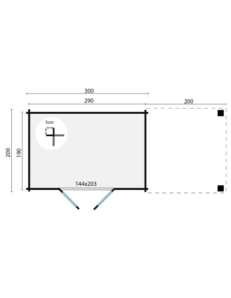 Tuinhuisje met plat dak en luifel rechts 490 x 200 cm - 28 mm - ±10 m2
