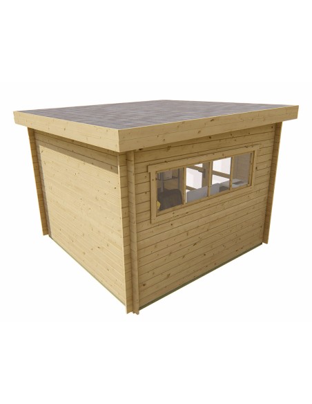 Klein houten chalet met plat dak